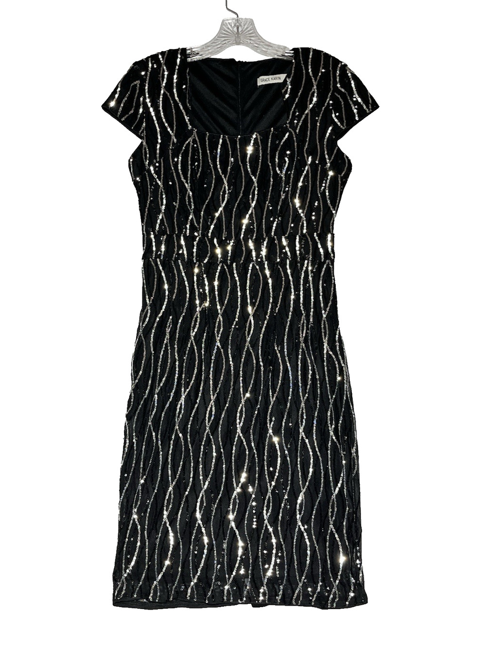 Grace Karin Sequin Sheath Dress Small Black Silver V Neck Cap Sleeve Cocktail